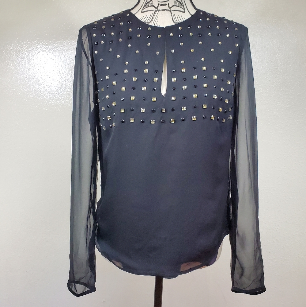 Diane Von Furstenberg Black Sheer Long Sleeve Blouse Rhinestones Studs Size 4